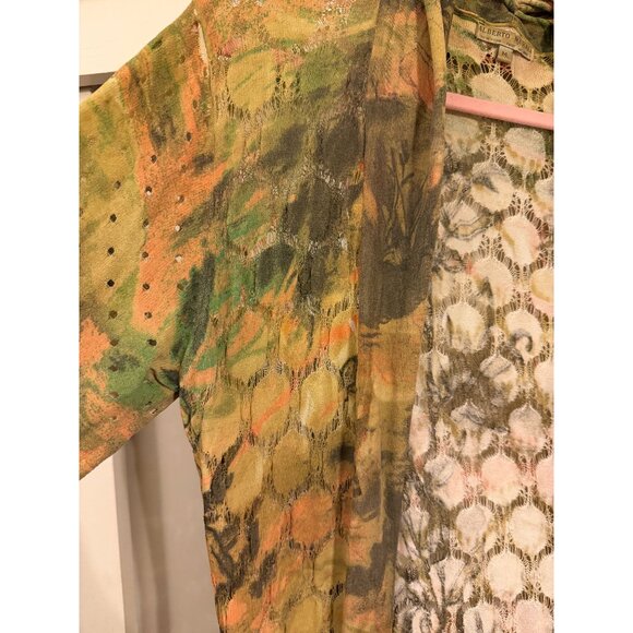 BEAUTIFUL ALBERTO MAKALI GREEN TROPICAL PRINT CARDIGAN SHAWL SWEATER WOMEN SZ ME - Picture 2 of 5